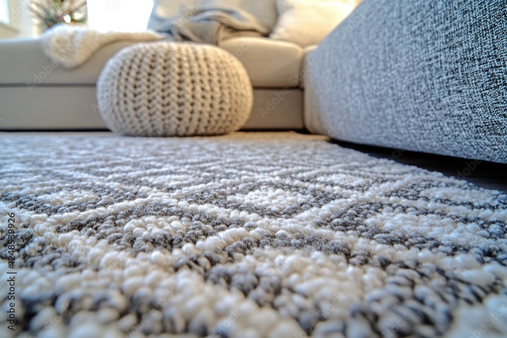 Aufkleber close-up view of a textured gray and white rug in a modern living room with blurred sofa and ottoman