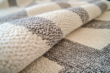 Close-up of a textured, striped fabric in cream and gray, showcasing its soft, hand-woven appearance.