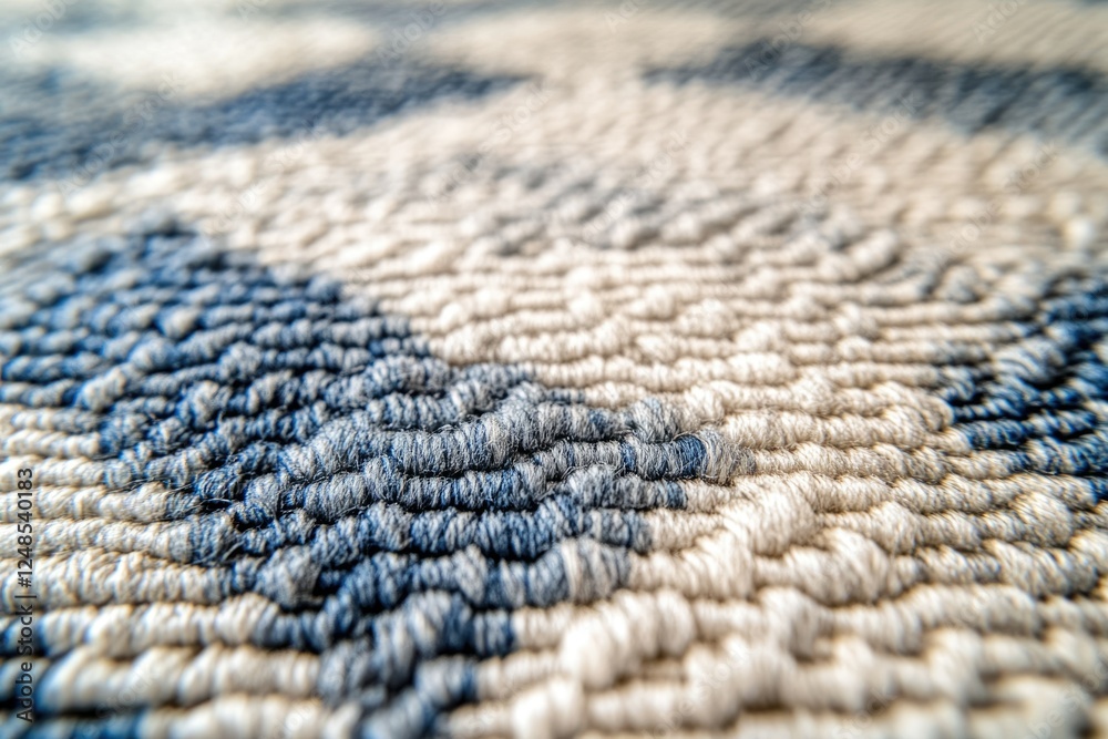 Poster Close-up view of a textured fabric with beige and blue patterns, showing intricate yarn details.