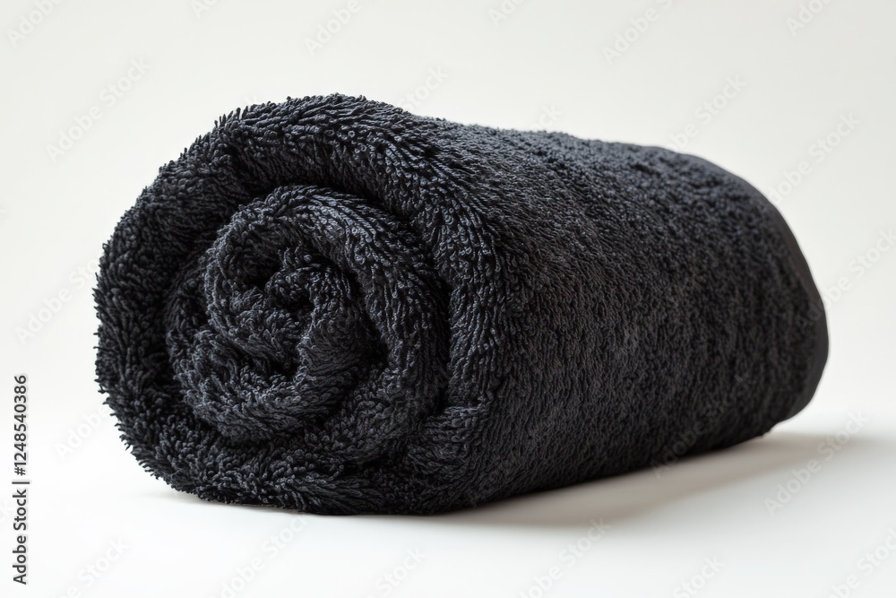 Poster Soft black towel rolled up and ready for use in a bathroom or spa setting
