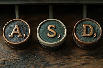 Close-up of vintage typewriter keys spelling 'ASD', showcasing antique details and rustic wooden...