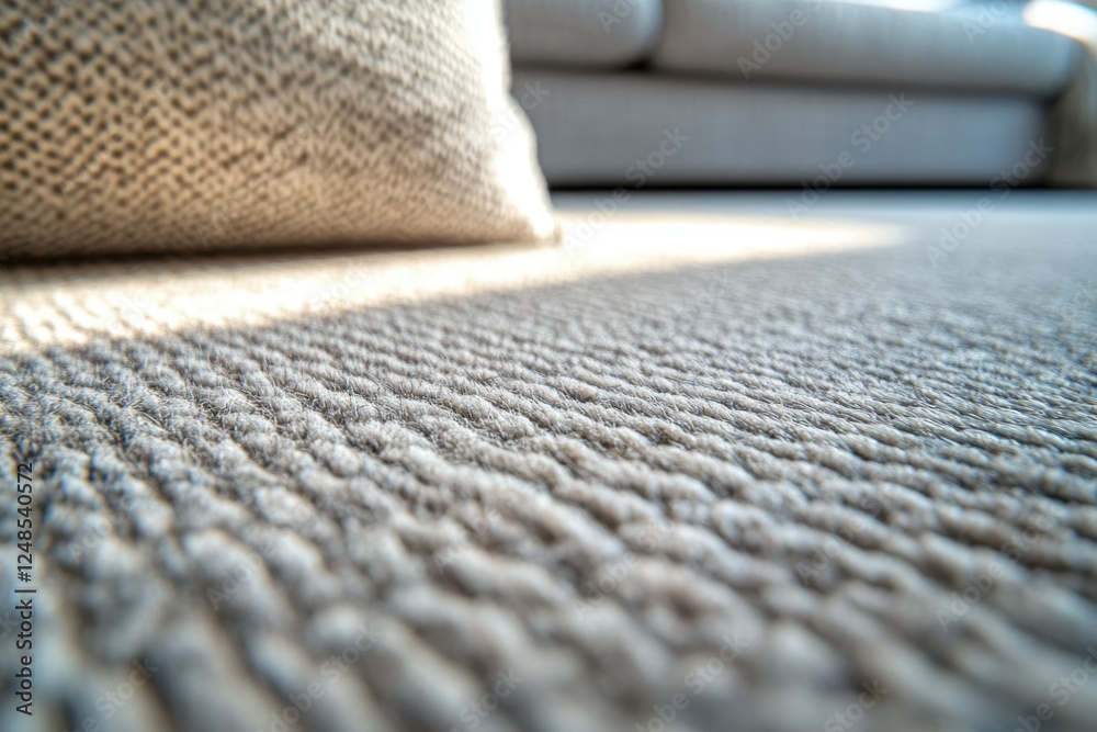 Aufkleber close-up of textured beige carpet with a blurred beige throw pillow in the background, showcasing it