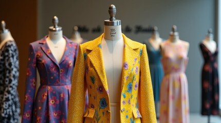 Obraz premium Mannequin Showcasing Bold Whimsical Floral Dress