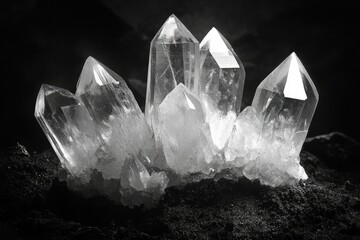 Obraz premium A cluster of brilliant quartz crystals, sharply defined against a dark background, showcases their crystalline structure.