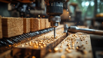 Precise Woodworking: A Close-Up of a Drill Press in Action