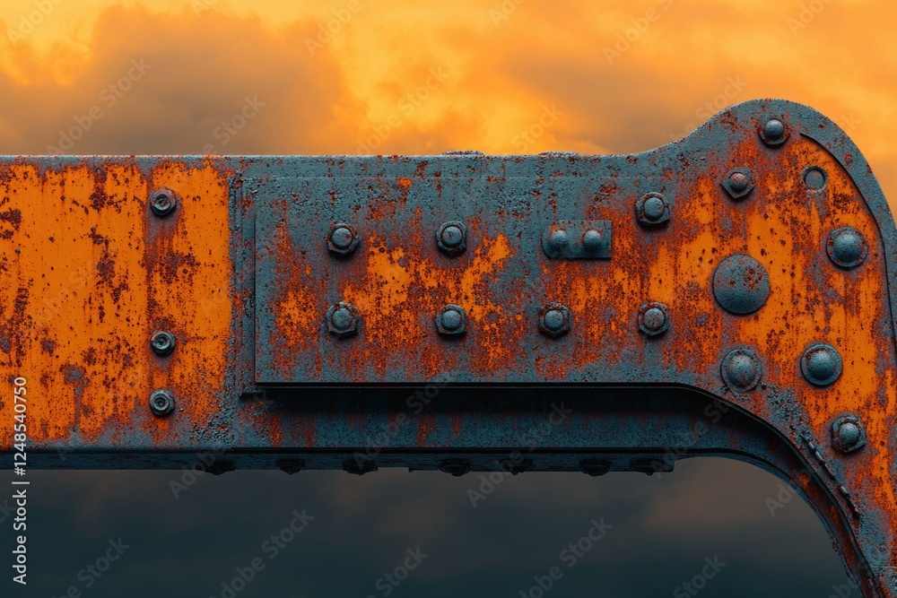 Aufkleber rusty metallic structure against a fiery sunset, showcasing intricate details and weathered texture.