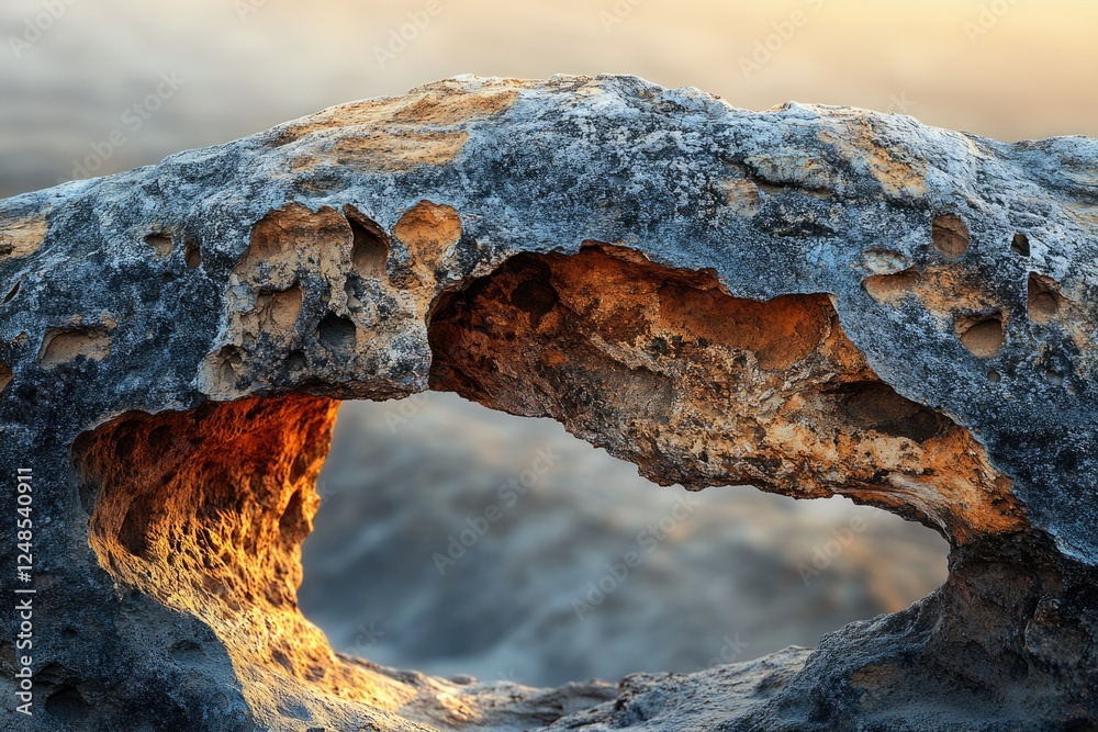 Poster sunlit rock archway, eroded by time, showcasing textures and hues of orange and grey.