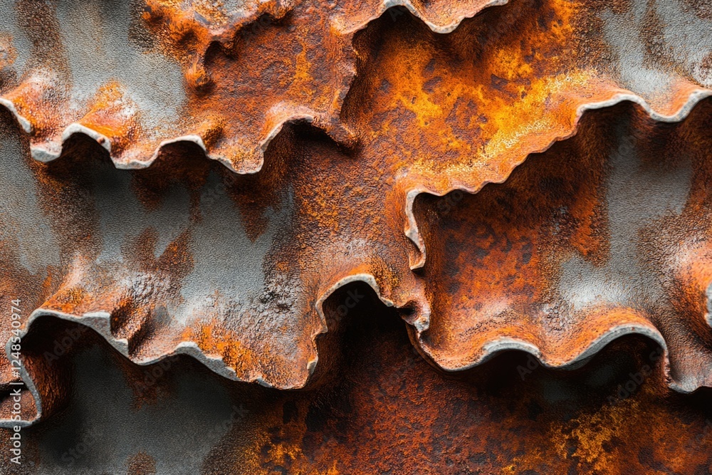 Poster Abstract rusty metal texture with wavy, layered patterns, showing corrosion and oxidation.
