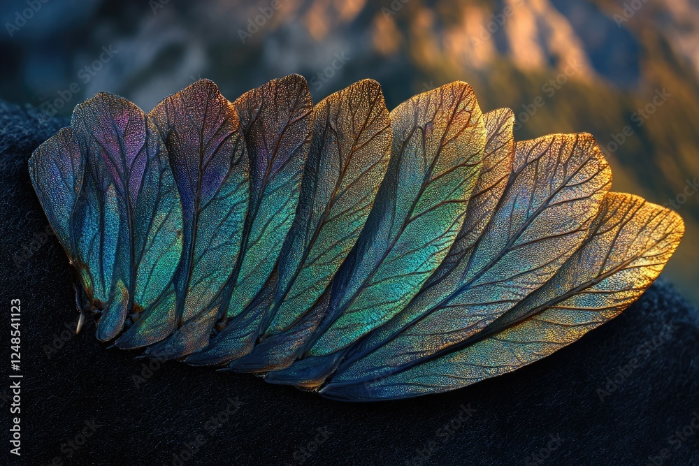 Poster iridescent insect wings arranged in a fan-like pattern, showcasing intricate veins and vibrant color