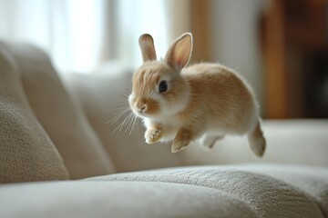 Playful bunny leaps off a cozy couch in a sunlit living room, capturing the joy of a pet's energetic nature