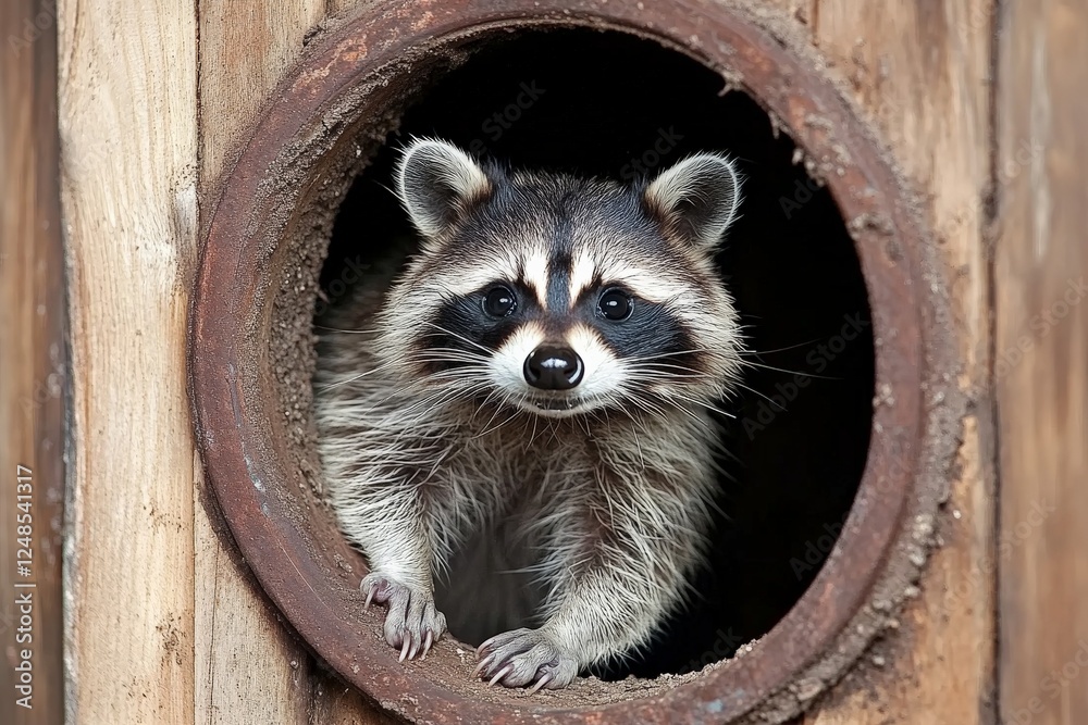 Aufkleber raccoon peeking through a wooden hole in a rustic environment during daylight hours