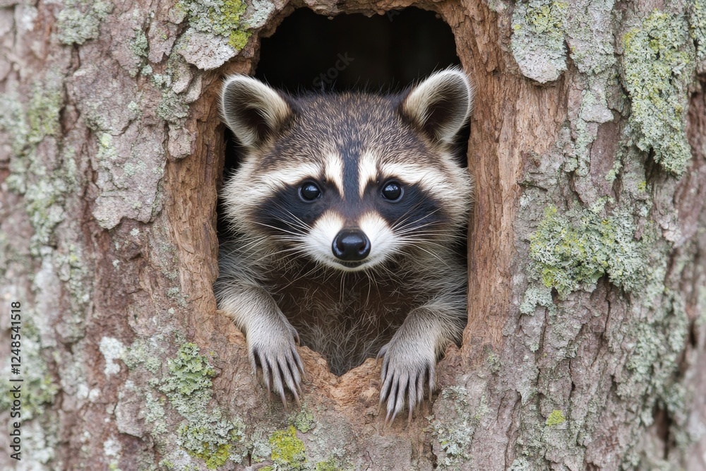 Poster curious raccoon peeks out from tree trunk during daylight in a forest habitat