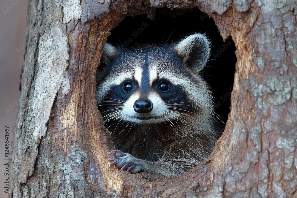 Aufkleber curious raccoon peeking out from hollow tree trunk in a forest setting during daylight
