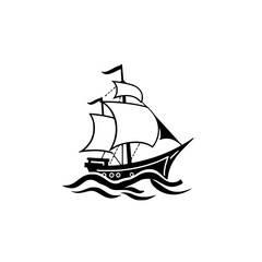 Black and white silhouette of a sailboat on the sea, waves, and wind.