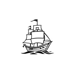 Black and White Illustration of a Detailed Ship with Flags and Sails Against a White Background