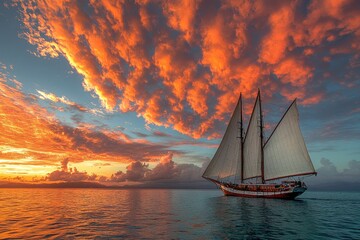 Fototapeta premium A majestic schooner sails serenely across the ocean under a breathtaking sunset sky.