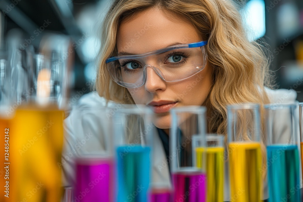 Poster young scientist conducts research in laboratory with colorful test tubes and focused expression duri
