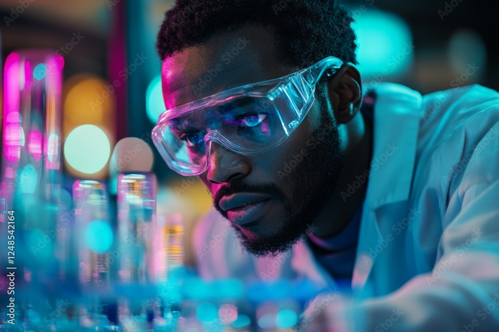 Aufkleber scientist conducting research with test tubes in a laboratory illuminated by colorful lights
