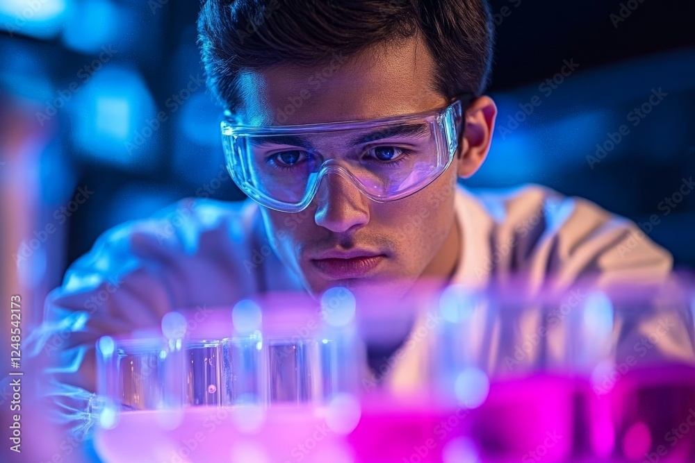 Aufkleber young scientist conducts experiments with colorful liquids in a laboratory environment during evenin