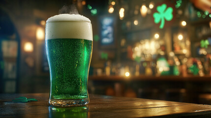 Festive Glass of Green Beer in Irish Pub Setting