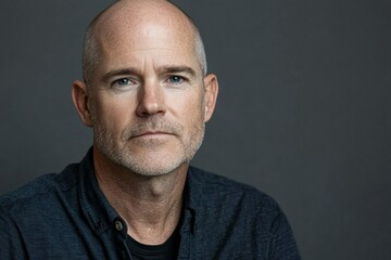 Obraz premium Adult man with short hair and beard poses for a close-up portrait in a studio setting with neutral backdrop