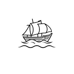 Minimalist sailboat illustration, with white background, featuring a detailed outline of a ship navigating wavy waters.