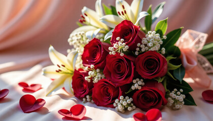 Fototapeta premium Romantic bouquet of red roses and lilies with petals on fabric