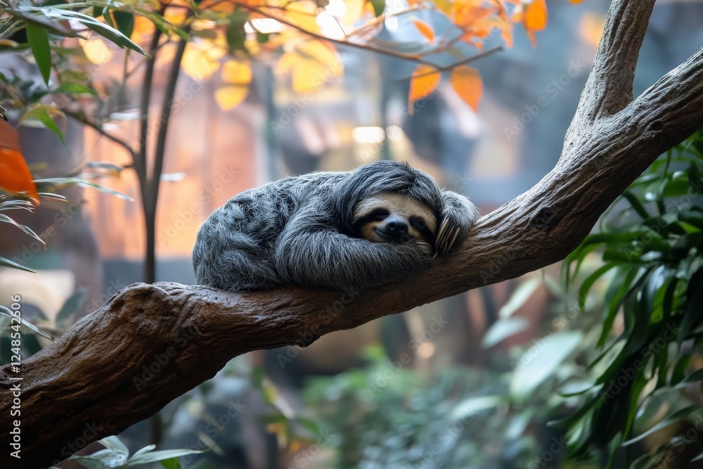 Poster sloth resting on a branch surrounded by lush greenery in a tropical habitat during daytime