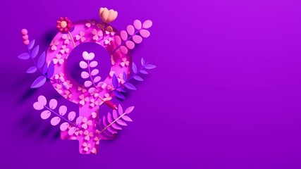 Womens Day looping video with female symbol with floral ornaments on a purple background in 3D animation and copy space. March 8 for feminism, independence, empowerment and activism for women rights