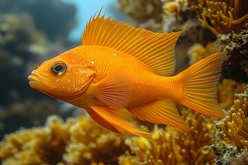 Obraz premium Vibrant Orange Fish Swimming in Coral Reef Ecosystem for Marine Life Exploration