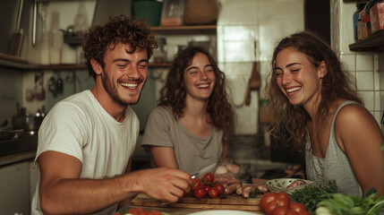 Three friends enjoy preparing food together in sunlit kitchen, sharing laughter and positive energy while cooking