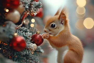 Obraz premium Squirrel decorates tree with ornaments during festive holiday season