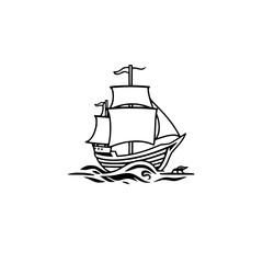 Simple line drawing of a sailing ship, minimal, clean and black & white, on white background.