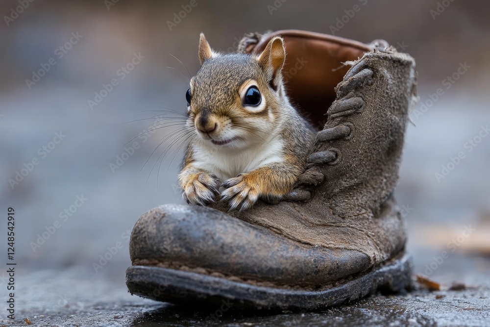 Poster squirrel comfortably resting in an old boot in a serene outdoor setting