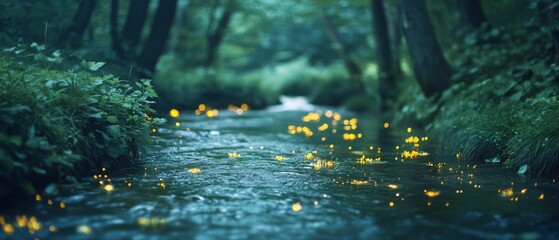 A serene forest stream flows gently, surrounded by lush greenery and dotted with glowing fireflies, creating a magical twilight atmosphere.