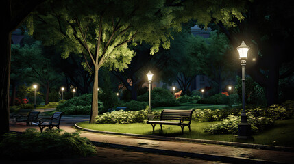 Obraz premium Serene Nighttime Park Scene with Glowing Lamps and Benches