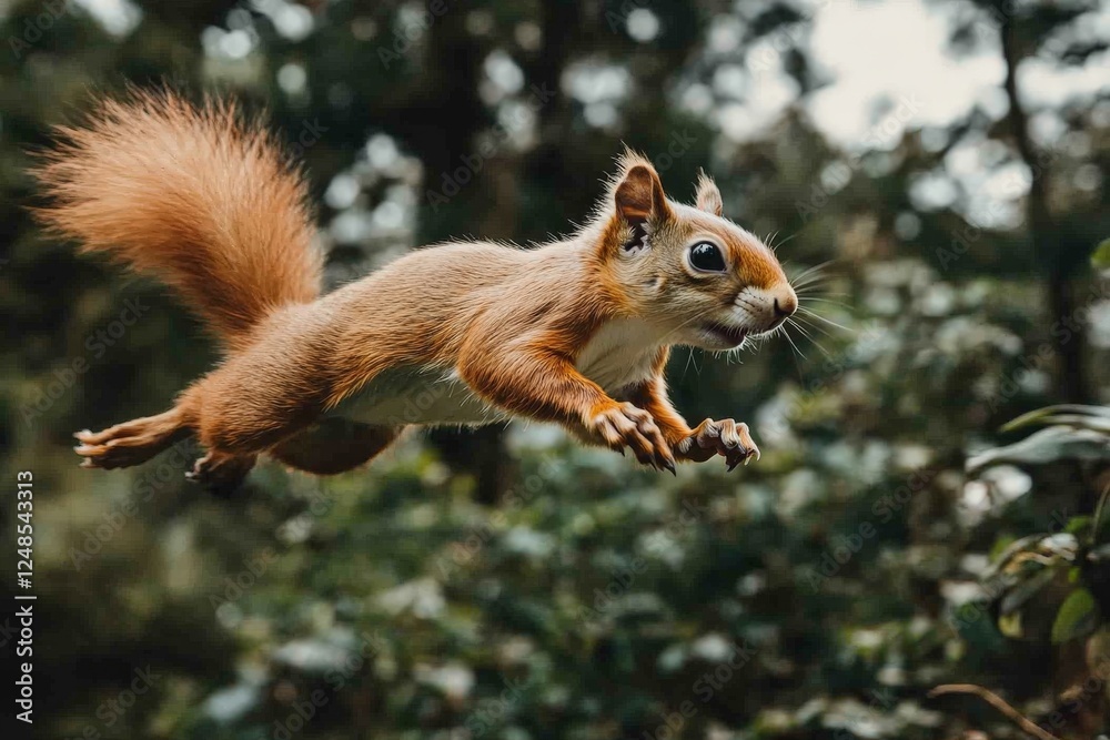 Aufkleber squirrel leaps through the air among the trees in a forest setting during daylight hours