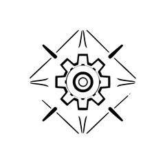 Gear illustration of a gearwheel surrounded by directional lines, representing process