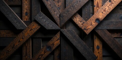 Interlocking dark/light wood, bold geometric design on monochrome backdrop , abstract, wood, lines