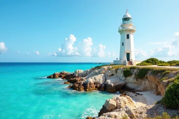 Formentera's majestic lighthouse overlooking turquoise waters, seascape, day, architecture