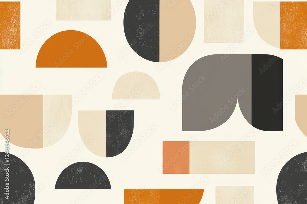 Poster abstract geometric pattern with semicircles, squares, and rectangles in muted earth tones.