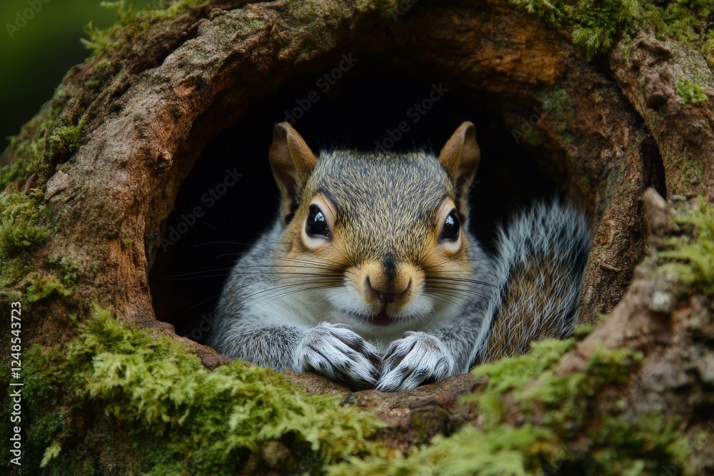 Poster Curious squirrel peeking out from a moss-covered tree hollow in a tranquil forest setting