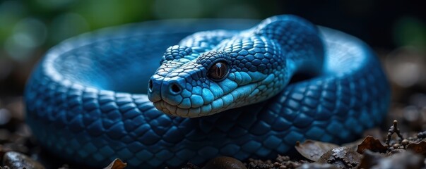 Fototapeta premium Menacing blue viper, detail of head and scales, animal portrait, snake, poisonous