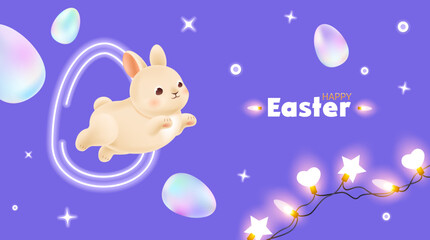 Easter greeting banner design with bunny and iridescent pearl eggs. Cute rabbit jumping through a neon sign. Sparkling garland with bulbs in star and heart shapes. Vector illustration