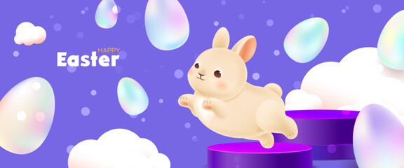 Cute jumping bunny for Easter holiday. Decorative pearl Easter eggs float in the clouds. Hare jumps over the purple platforms. Sparkling background for greeting card. Vector illustration