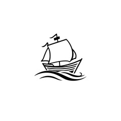 Black and white minimalist illustration of a sailboat navigating the ocean waves, sailing ship, vector art, and white background.