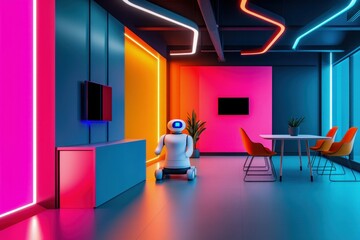 Futuristic Office with High-Tech Robot and Neon Lighting