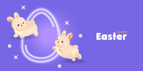 Funny Easter bunnies jumping on neon tube background. Bright Easter egg shaped sign on purple background. Greeting card template for spring holiday design. Vector illustration