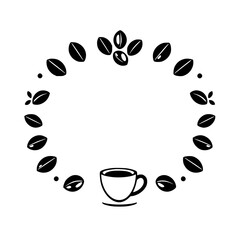 Coffee beans and a cup are arranged in a circular pattern around an empty space.