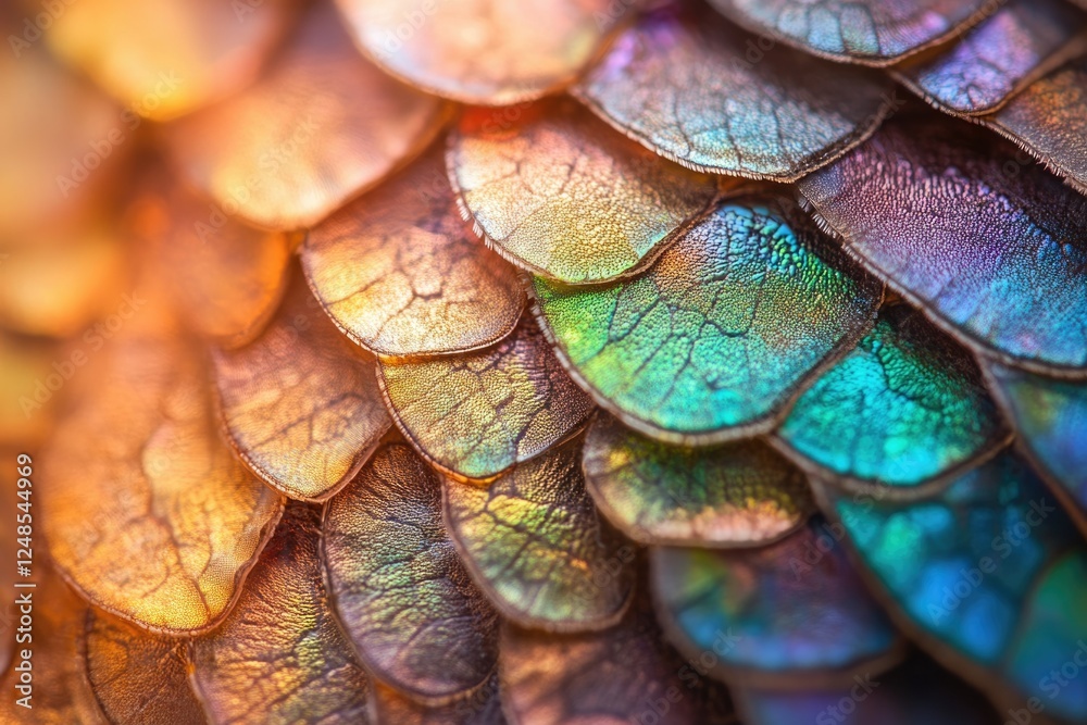 Poster close-up of iridescent scales, showcasing vibrant colors and intricate textures.